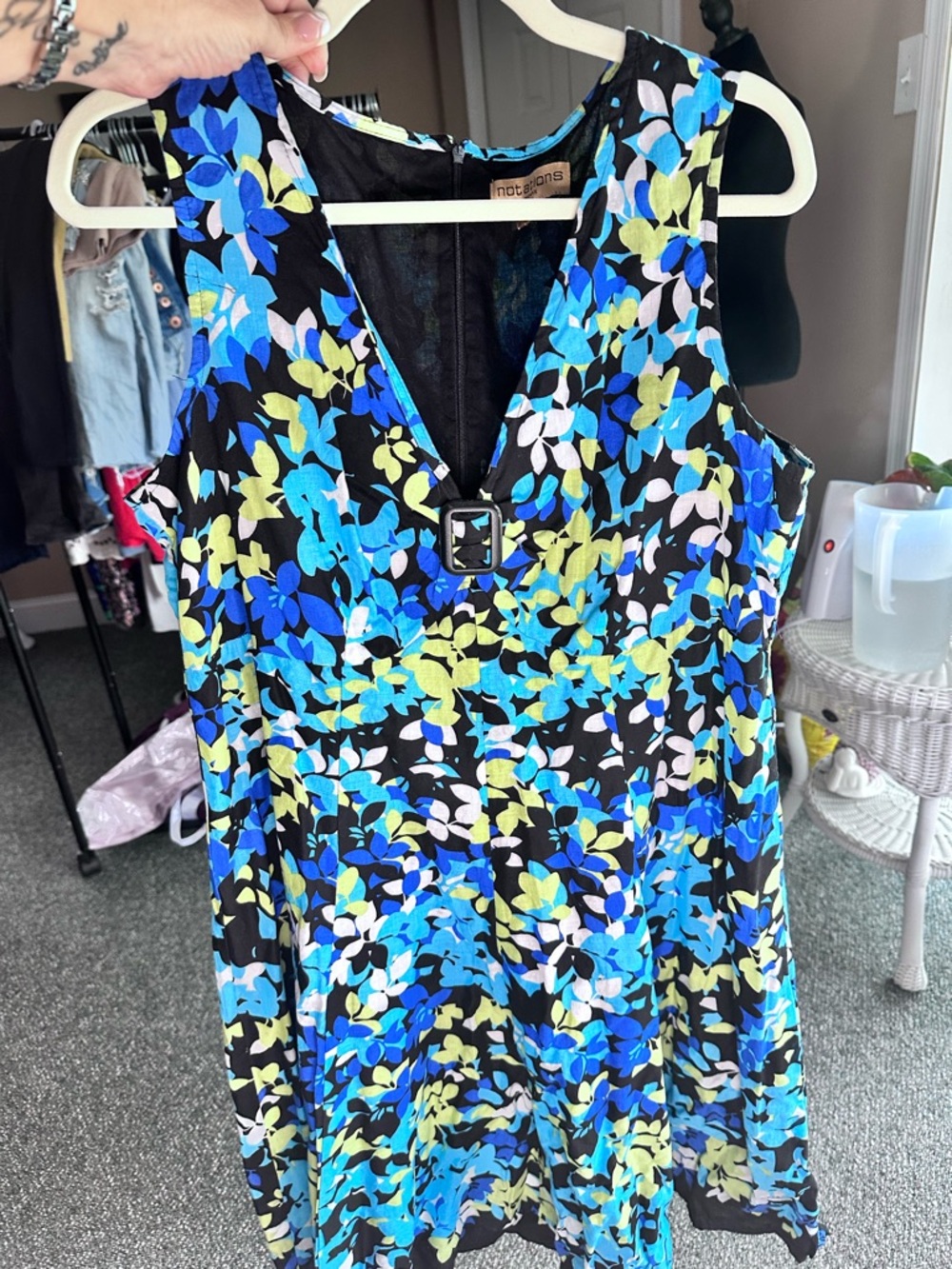 Notations Blue & Lime Floral V-Neck Sleeveless Dress